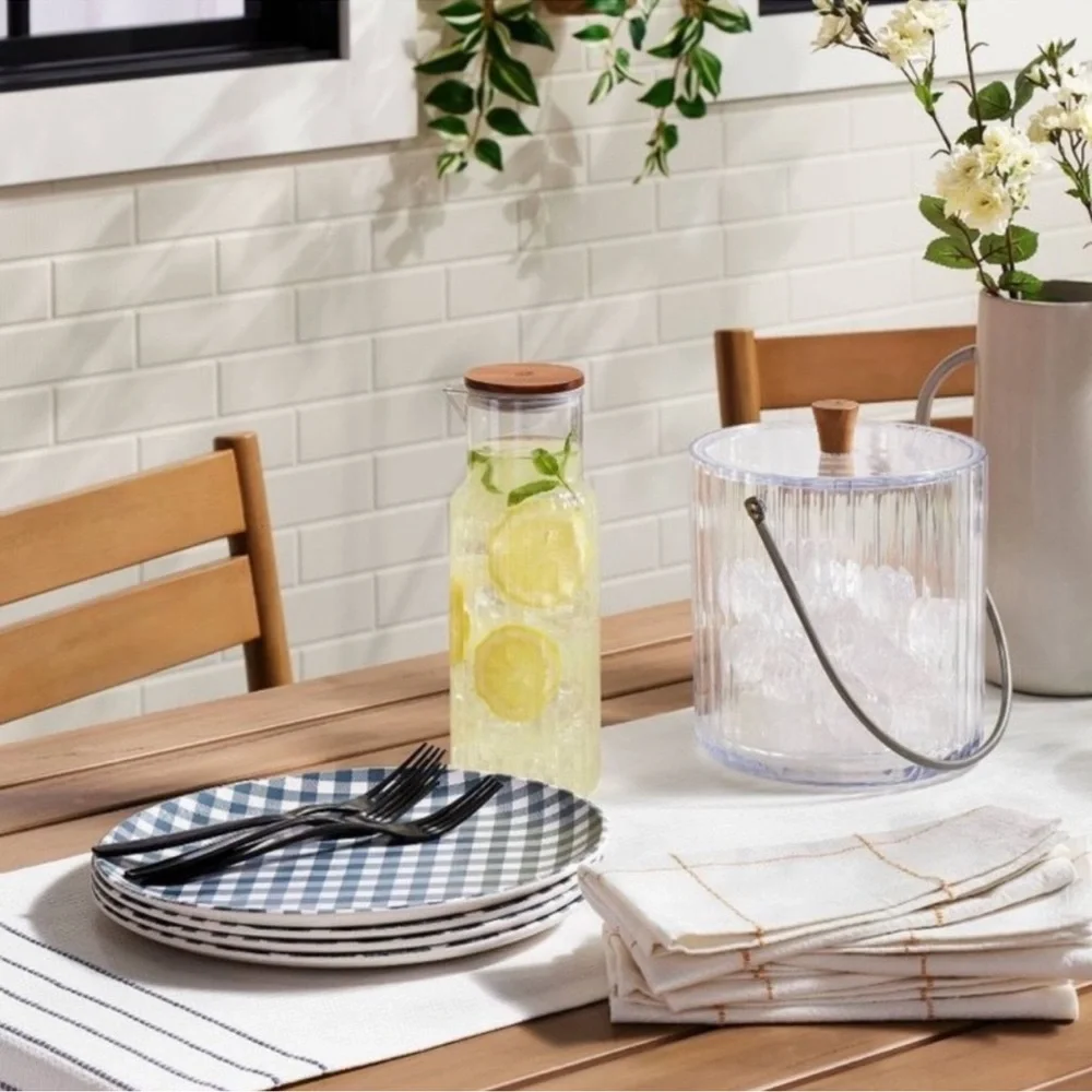 Hearth & Hand Magnolia 37oz Ribbed Clear Plastic Beverage Carafe with Wood Lid